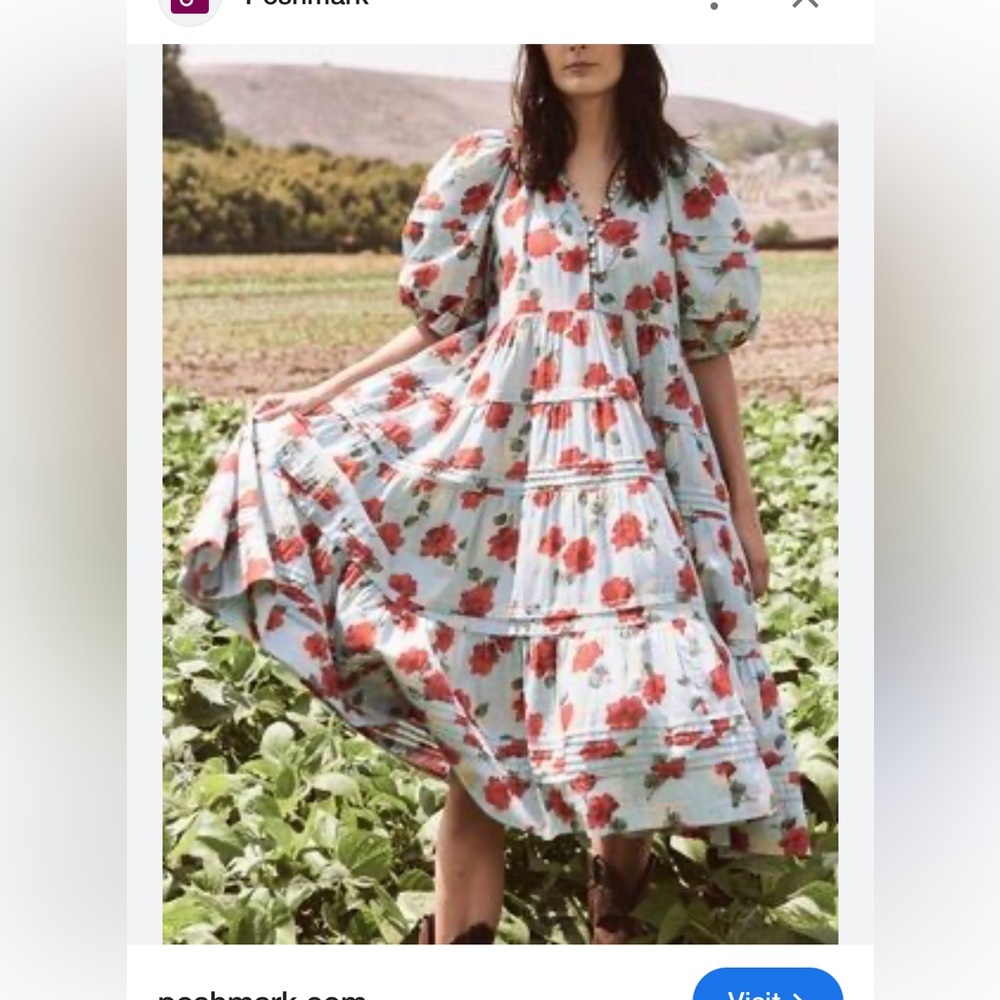 THE GREAT Ravine Dress Floral Puff Sleeve Midi Size 1 Small Blue Red Cotton